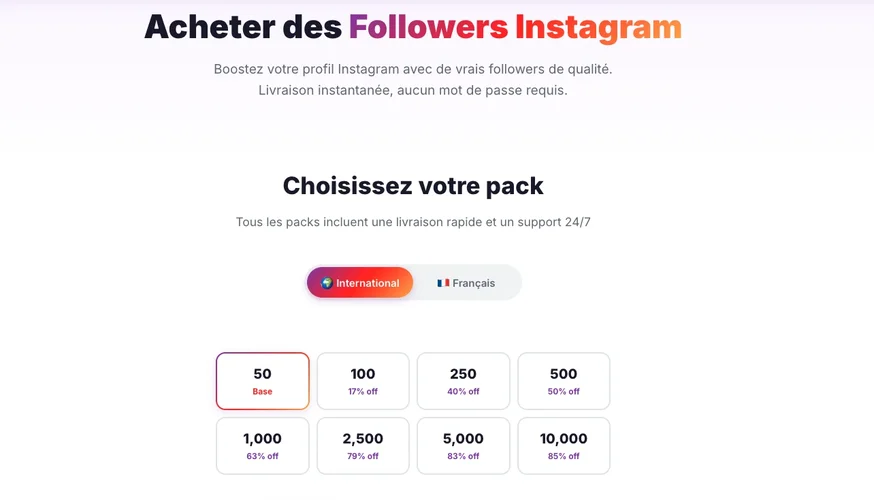 Choisir un pack pour acheter followers Instagram